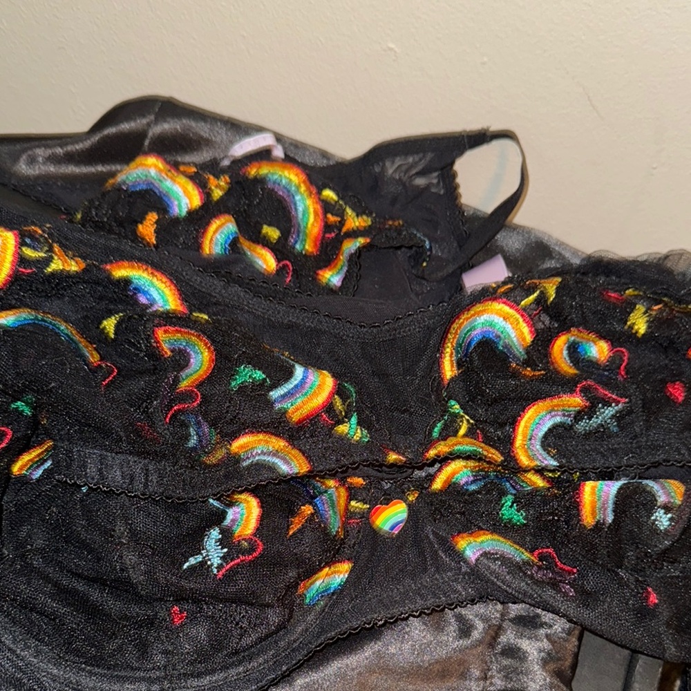 Rainbow Embroidered Black Bralette/panties/bra set